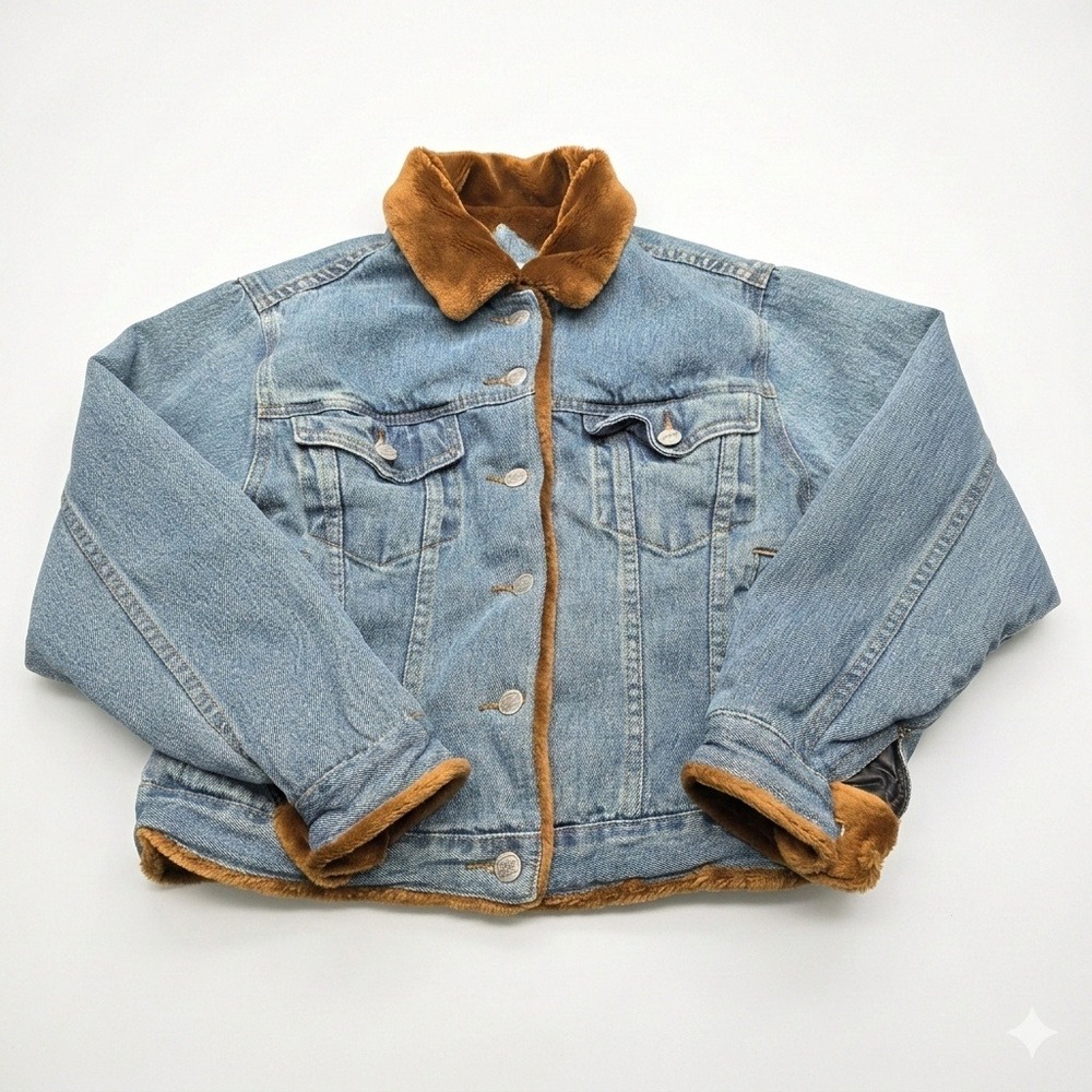 Vintage Star Blue Apparel Denim Trucker Jacket Faux Fur Lined Brown Collar Small